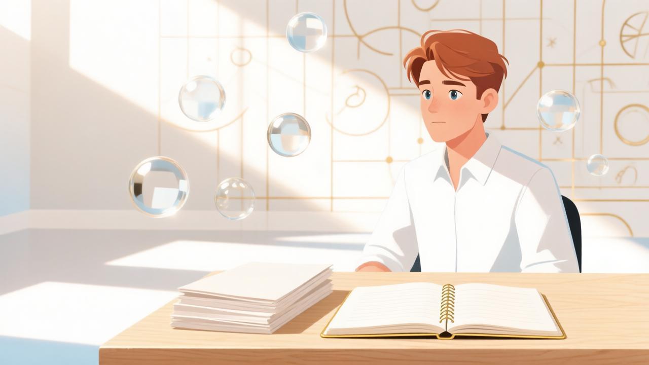 Человек за рабочим столом с бумагами и ежедневником в солнечной комнате — иллюстрация к дню порядка и ясности в гороскопе